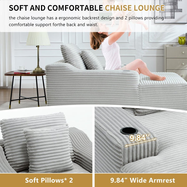 English Elm 67" Corduroy Oversized Chaise Sleeper Sofa Deep Seat Boneless Lounge with Cup Holder Pillows Light Grey W1803P409264