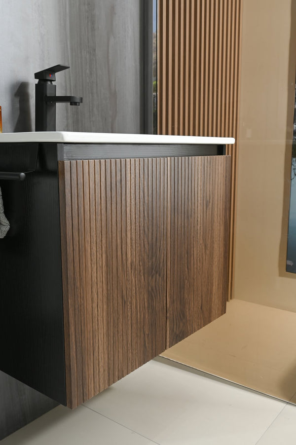 English Elm Goodyo 24" Wall-Mount Floating Bathroom Vanity Cabinet with Soft-Close Doors Stainless Towel Rack Black + Dark Walnut D163120298