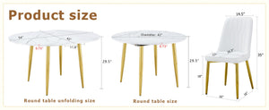 English Elm Table and Chair Set Extendable Round Mdf Dining with Gold Legs Four Pu Seats W1151S03954