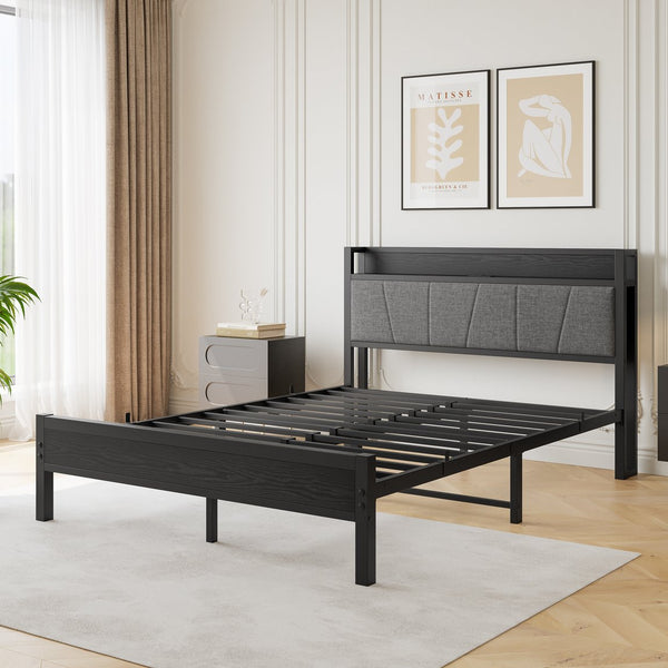 English Elm Queen Upholstered Storage Bed Frame with Charging Station, 11 Metal Slats, No Box Spring Needed W840P195212
