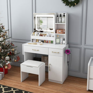 English Elm Vanity Desk with Led Mirror Touch Light Power Outlet Drawers and Storage Stool W2700P342538