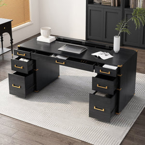 English Elm 70" Executive Writing Desk with Gold Metal Trim Seven Drawers and Built-in Power Outlets N751S376579B