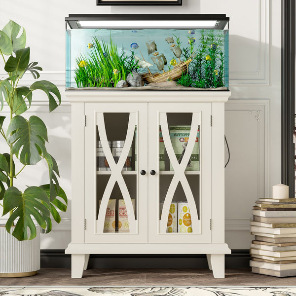 English Elm 20 Gallon Fish Tank Stand with Built-In Power Outlets & USB, Farmhouse Style Aquarium Cabinet with Adjustable Shelves and Heavy-Duty 298lb Tabletop Capacity Beige N704P350196A