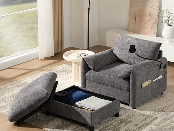 English Elm 38" Chenille Chaise Lounge with Storage Ottoman Usb Charging and Armrest Pockets N723P303462E