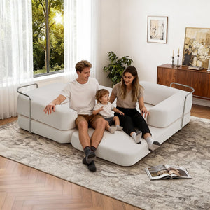 English Elm Floor Floor Couch Convertible 5-in-1 Corduroy Sofa Bed with Pillow-to-Blanket, Reinforced Frame Cream W3565P354961