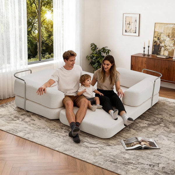 English Elm Floor Floor Couch Convertible 5-in-1 Corduroy Sofa Bed with Pillow-to-Blanket, Reinforced Frame Cream W3565P354961