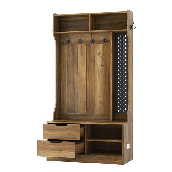 English Elm Hall Tree Entryway Organizer with 6 Hooks, Storage Bench & Open Shelves for Shoes and Coats Brown 58.46 L x 21.85 W x 6.5 H W1321P190219