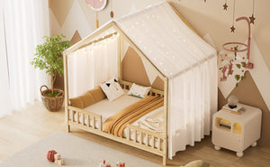 English Elm Montessori House Bed Frame Twin with Canopy & Full Guardrails, Cozy Kids Platform Bed for Toddlers Natural 77.8 L x 17.25 W x 7 H N733P356048M