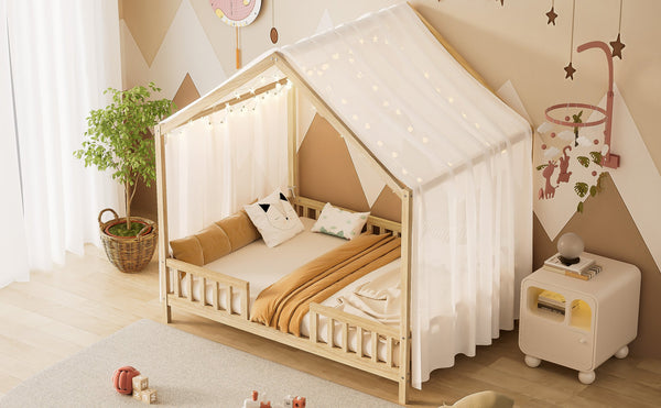 English Elm Montessori House Bed Frame Twin with Canopy & Full Guardrails, Cozy Kids Platform Bed for Toddlers Natural 77.8 L x 17.25 W x 7 H N733P356048M