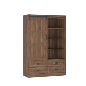 English Elm Tall Farmhouse Wardrobe Armoire with Sliding Barn Doors Drawers and Hanging Rod Wood W1321S00050