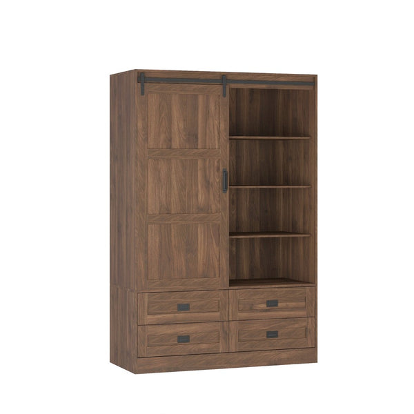 English Elm Tall Farmhouse Wardrobe Armoire with Sliding Barn Doors Drawers and Hanging Rod Wood W1321S00050