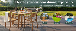 English Elm U_style Solid Acacia Wood Round Outdoor Dining Set Seats Four with Slatted Design Natural WY000475AAO
