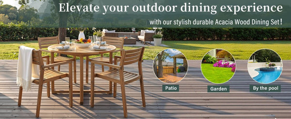 English Elm U_style Solid Acacia Wood Round Outdoor Dining Set Seats Four with Slatted Design Natural WY000475AAO