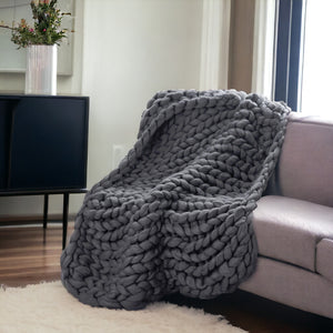 Homeroots Dark Grey Boho Chunky Knit Throw Blanket  Polyester 478041