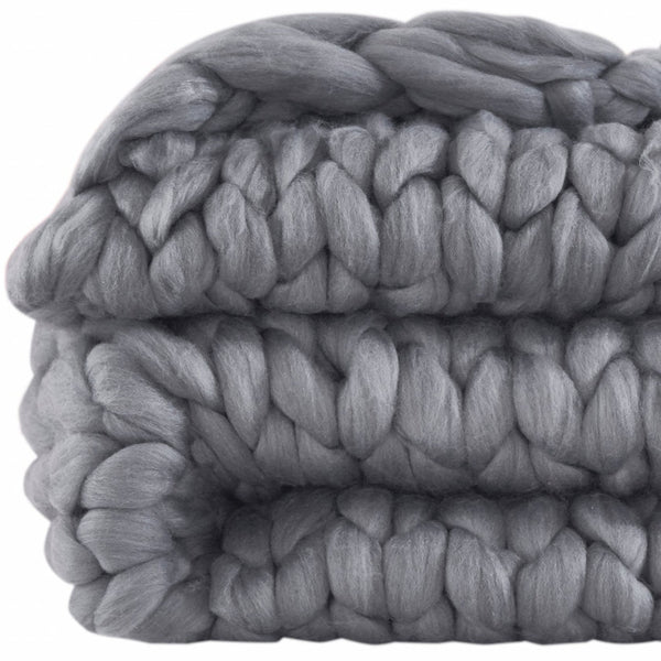 Homeroots Dark Grey Boho Chunky Knit Throw Blanket  Polyester 478041