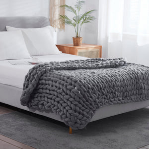 Homeroots Dark Grey Boho Chunky Knit Throw Blanket  Polyester 478041