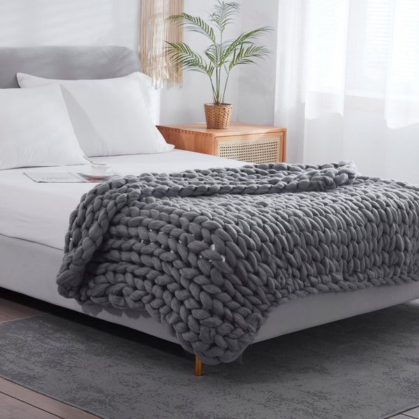 Homeroots Dark Grey Boho Chunky Knit Throw Blanket  Polyester 478041