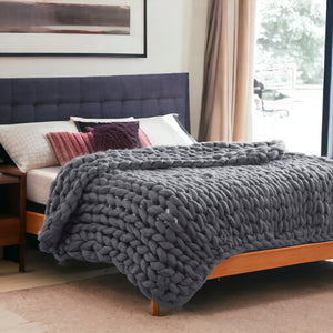 Homeroots Dark Grey Boho Chunky Knit Throw Blanket  Polyester 478041