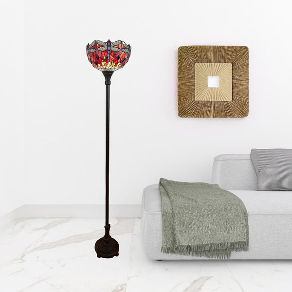 HomeRoots 69" Artisan Torchiere Floor Lamp – Stunning Red Dragonfly Shade for Cozy Ambient Lighting Spaces 478074