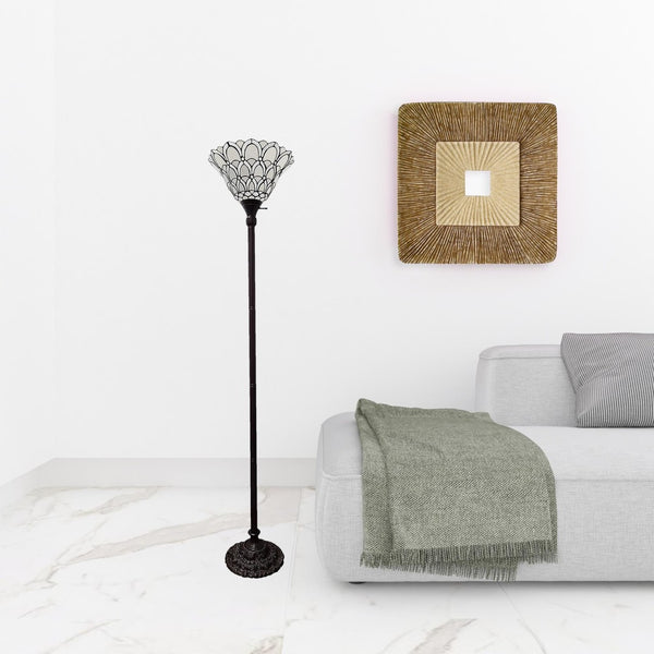 HomeRoots 62" Elegant Brown Floor Lamp with Artisan White Peacock Feather Shade for Cozy Ambiance 478075