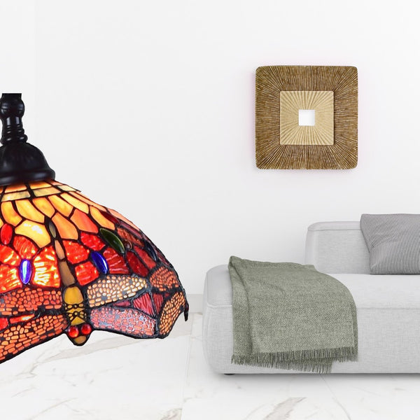 HomeRoots 61" Elegant Black and Red Torchiere Floor Lamp with Stunning Dragonfly Glass Shade for Ambient Lighting 478076