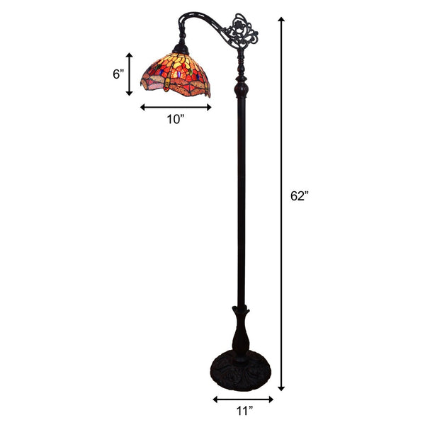 HomeRoots 61" Elegant Black and Red Torchiere Floor Lamp with Stunning Dragonfly Glass Shade for Ambient Lighting 478076