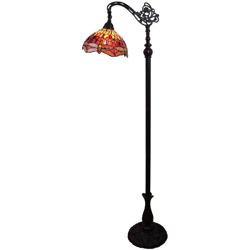 HomeRoots 61" Elegant Black and Red Torchiere Floor Lamp with Stunning Dragonfly Glass Shade for Ambient Lighting 478076