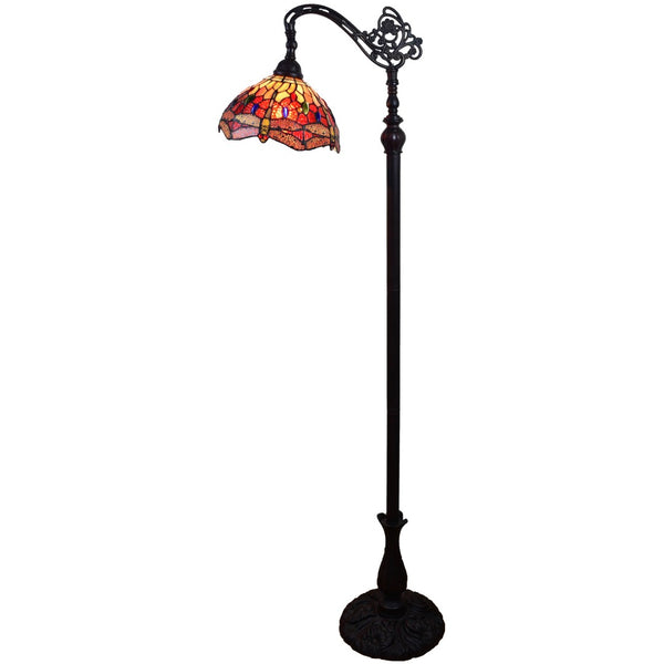 HomeRoots 61" Elegant Black and Red Torchiere Floor Lamp with Stunning Dragonfly Glass Shade for Ambient Lighting 478076
