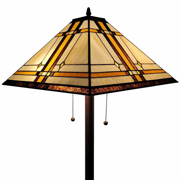 Homeroots 62" Brown Two Lights Traditional Shaped Floor Lamp With Brown And White Stained Glass Cone Shade  Metal 478077
