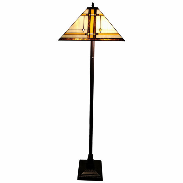 Homeroots 62" Brown Two Lights Traditional Shaped Floor Lamp With Brown And White Stained Glass Cone Shade  Metal 478077
