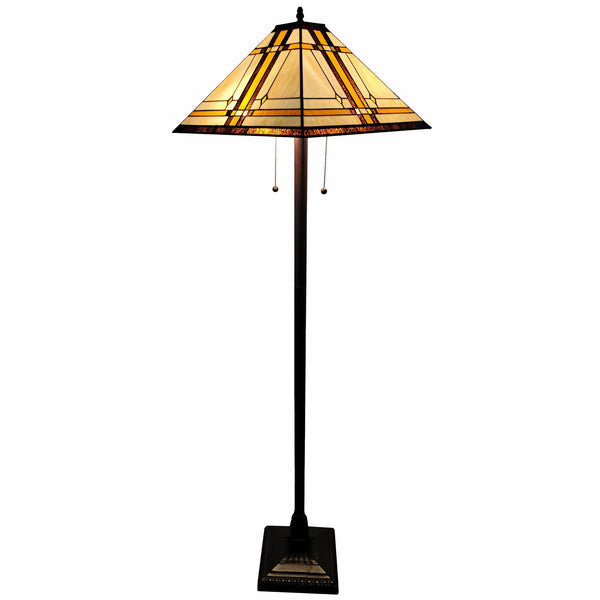 Homeroots 62" Brown Two Lights Traditional Shaped Floor Lamp With Brown And White Stained Glass Cone Shade  Metal 478077