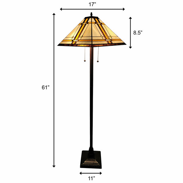 Homeroots 62" Brown Two Lights Traditional Shaped Floor Lamp With Brown And White Stained Glass Cone Shade  Metal 478077