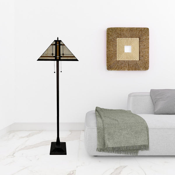 Homeroots 62" Brown Two Lights Traditional Shaped Floor Lamp With Brown And White Stained Glass Cone Shade  Metal 478077