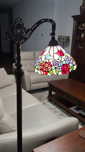 HomeRoots 62" Espresso Floor Lamp with Floral Glass Shade - Elegant Torchiere Design for Ambient Lighting Decor 478079