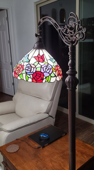 HomeRoots 62" Espresso Floor Lamp with Floral Glass Shade - Elegant Torchiere Design for Ambient Lighting Decor 478079