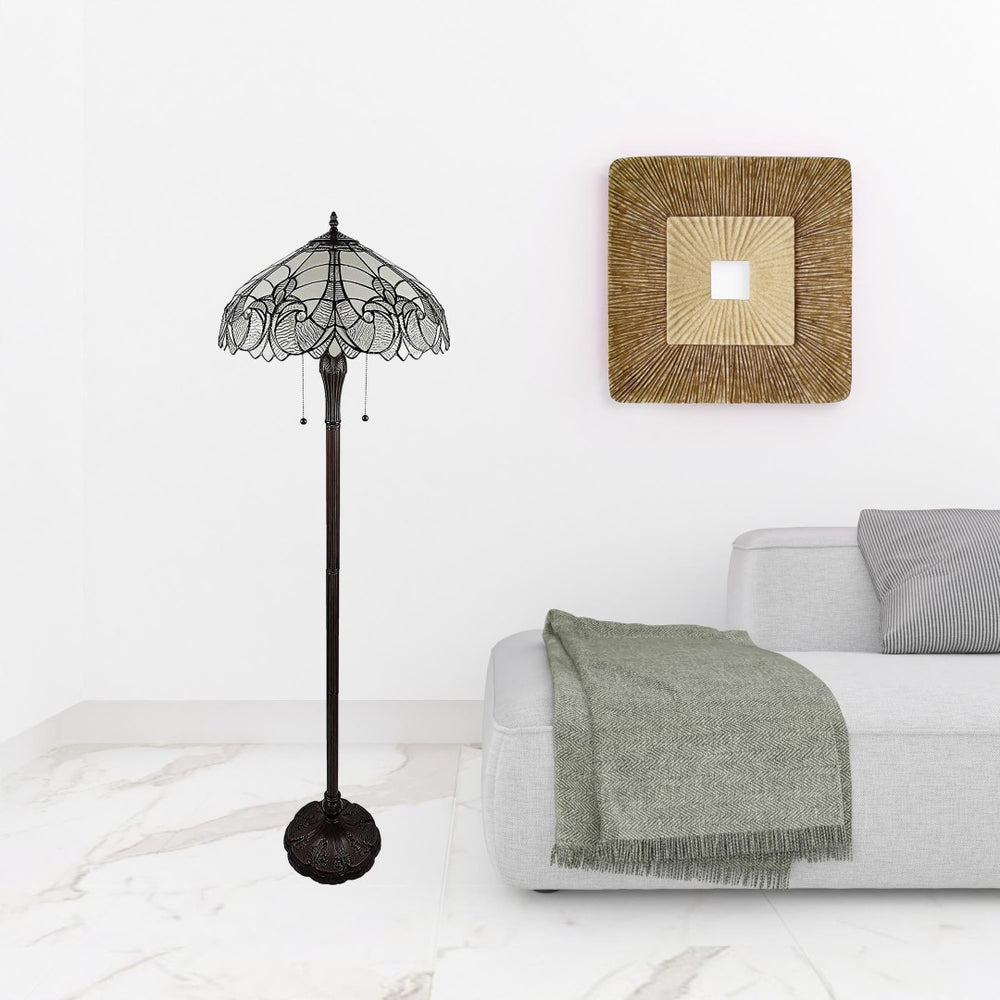 HomeRoots 62" Dark Brown Torchiere Floor Lamp with Elegant White Fleur de Lis Glass Shade for Ambient Lighting 478083