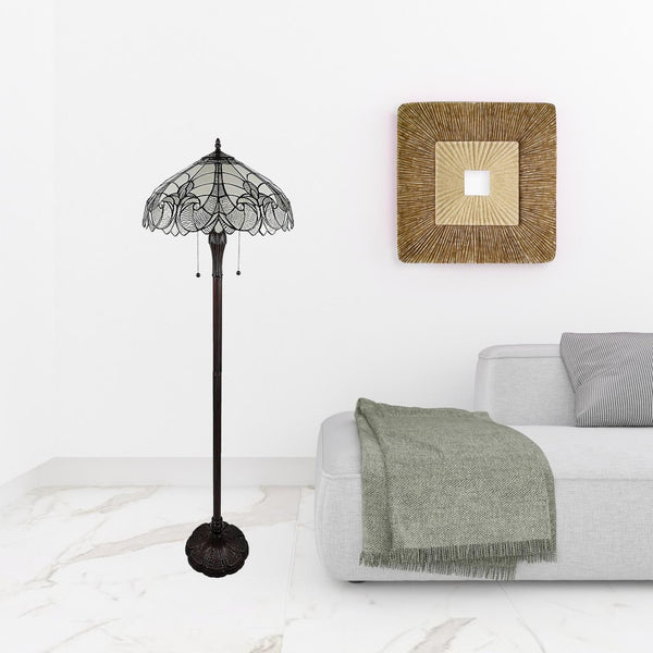 HomeRoots 62" Dark Brown Torchiere Floor Lamp with Elegant White Fleur de Lis Glass Shade for Ambient Lighting 478083