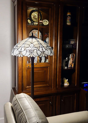 HomeRoots 62" Dark Brown Torchiere Floor Lamp with Elegant White Fleur de Lis Glass Shade for Ambient Lighting 478083