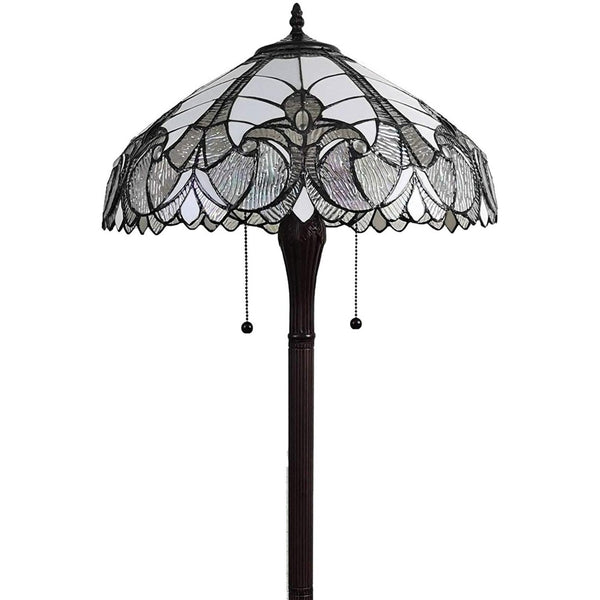 HomeRoots 62" Dark Brown Torchiere Floor Lamp with Elegant White Fleur de Lis Glass Shade for Ambient Lighting 478083