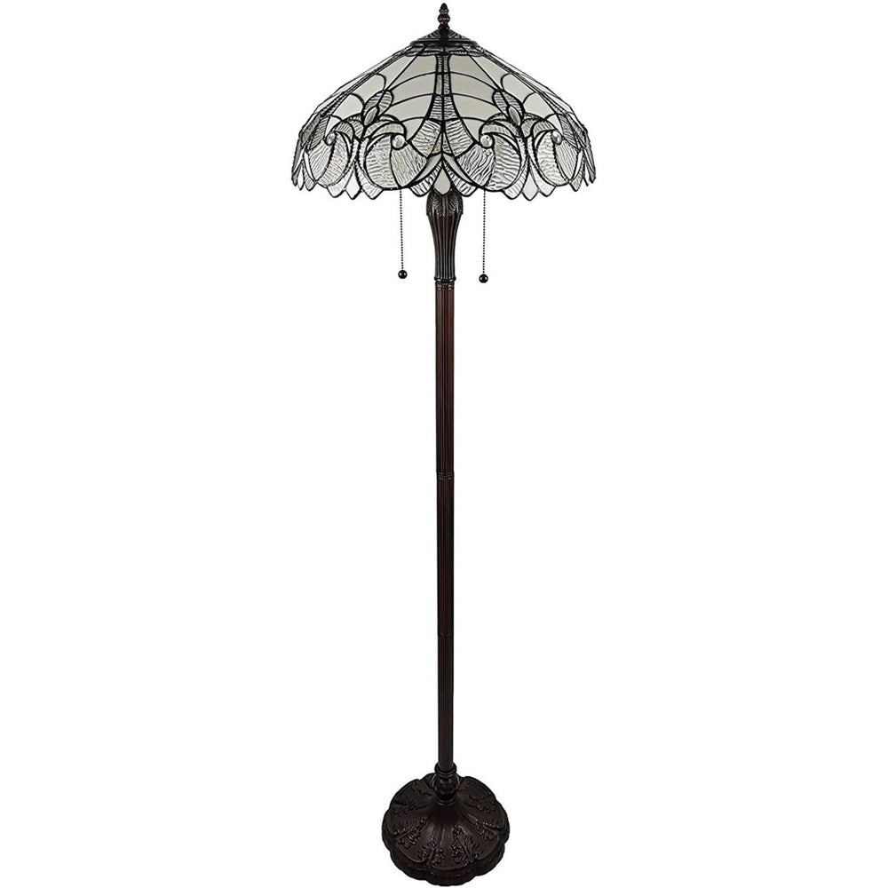 HomeRoots 62" Dark Brown Torchiere Floor Lamp with Elegant White Fleur de Lis Glass Shade for Ambient Lighting 478083