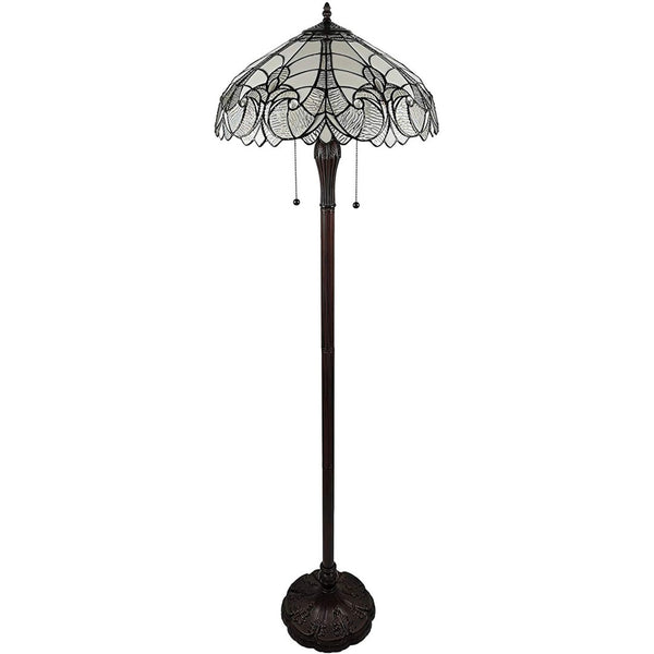 HomeRoots 62" Dark Brown Torchiere Floor Lamp with Elegant White Fleur de Lis Glass Shade for Ambient Lighting 478083