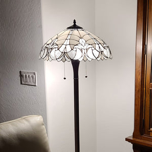 HomeRoots 62" Dark Brown Torchiere Floor Lamp with Elegant White Fleur de Lis Glass Shade for Ambient Lighting 478083