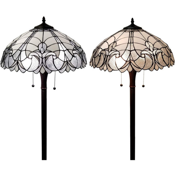 HomeRoots 62" Dark Brown Torchiere Floor Lamp with Elegant White Fleur de Lis Glass Shade for Ambient Lighting 478083