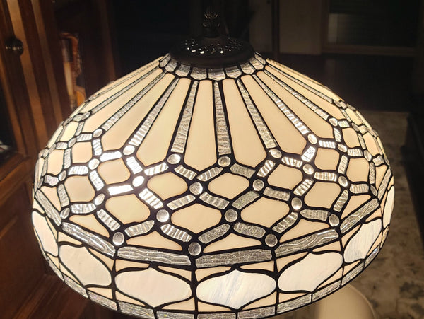 HomeRoots 62" Elegant Brown and White Torchiere Floor Lamp with Geometric Glass Shade for Ambient Lighting 478084