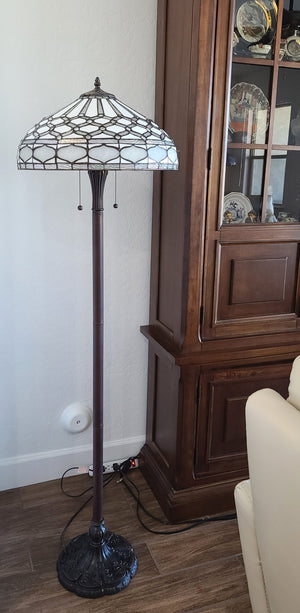 HomeRoots 62" Elegant Brown and White Torchiere Floor Lamp with Geometric Glass Shade for Ambient Lighting 478084