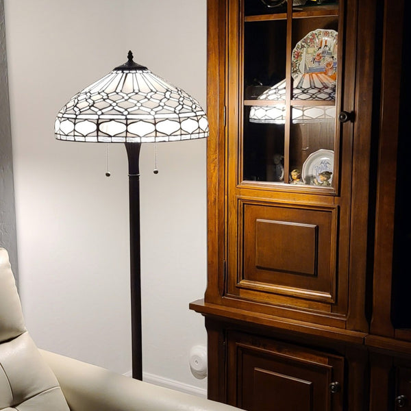 HomeRoots 62" Elegant Brown and White Torchiere Floor Lamp with Geometric Glass Shade for Ambient Lighting 478084