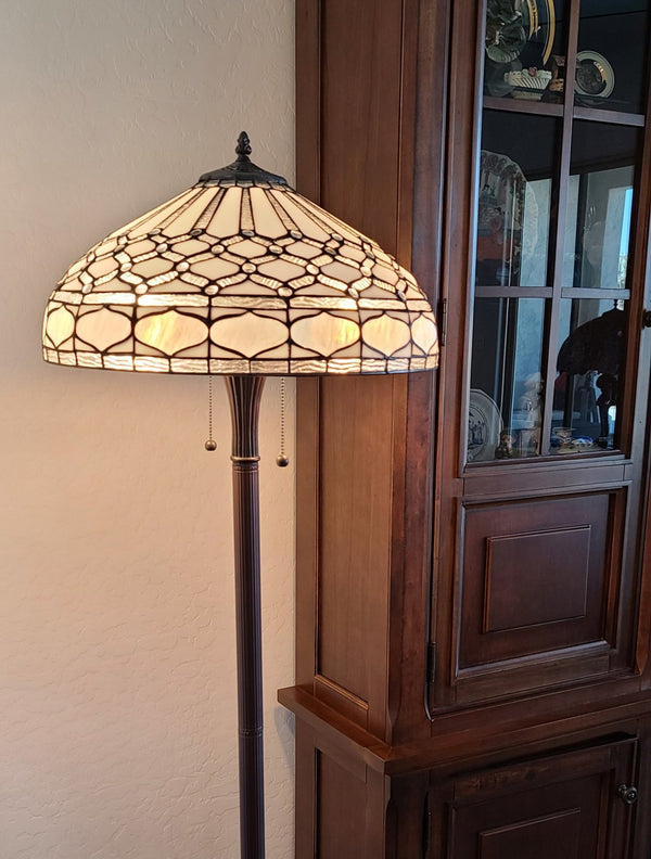 HomeRoots 62" Elegant Brown and White Torchiere Floor Lamp with Geometric Glass Shade for Ambient Lighting 478084