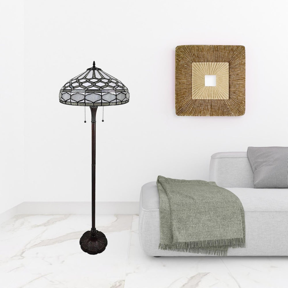 HomeRoots 62" Elegant Brown and White Torchiere Floor Lamp with Geometric Glass Shade for Ambient Lighting 478084