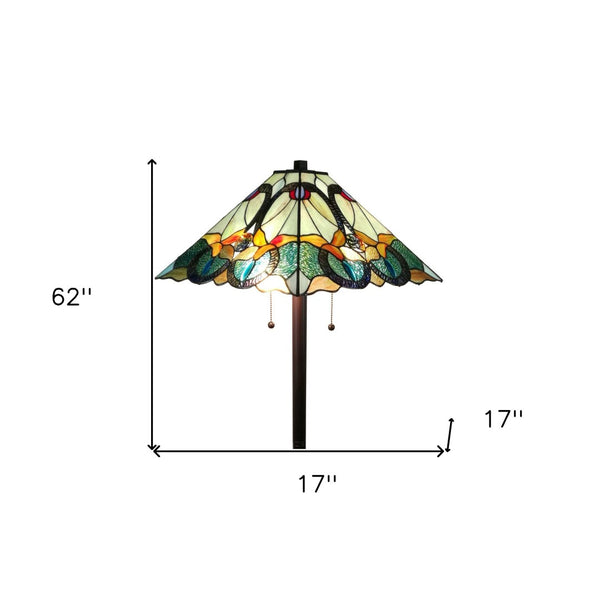 HomeRoots 62" Espresso Torchiere Floor Lamp with Elegant Blue Floral Glass Shade - Perfect for Ambient Lighting 478086
