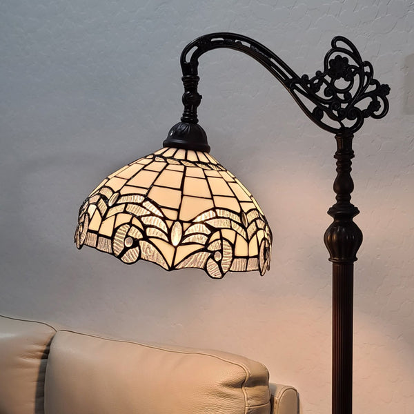 HomeRoots 62" Brown Metal Arched Floor Lamp - Handcrafted Tiffany-Style with Geometric Stained Glass Shade 478088